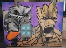 Groot And Rocket Mixed Media Canvas Painting #1/1 (Guardians Of The Galaxy)