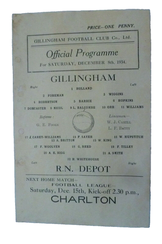 1934 Gillingham v Royal Navy Depot 8th December Kent League - Rare