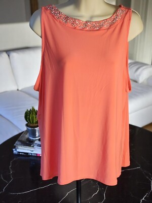 Nik & Nash Blouse Womens XL Coral Boho Beaded Neck NWT Lightweight Sleeveless To