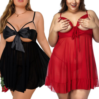 Unwrap Me Ribbon Bare Breast Plus Size Lingerie Flowy Gifts 2PC Babydoll Thong