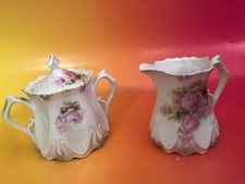 Antique RS Prussia Hand Painted Pink Rose Floral Creamer Sugar Jar w/ Lid