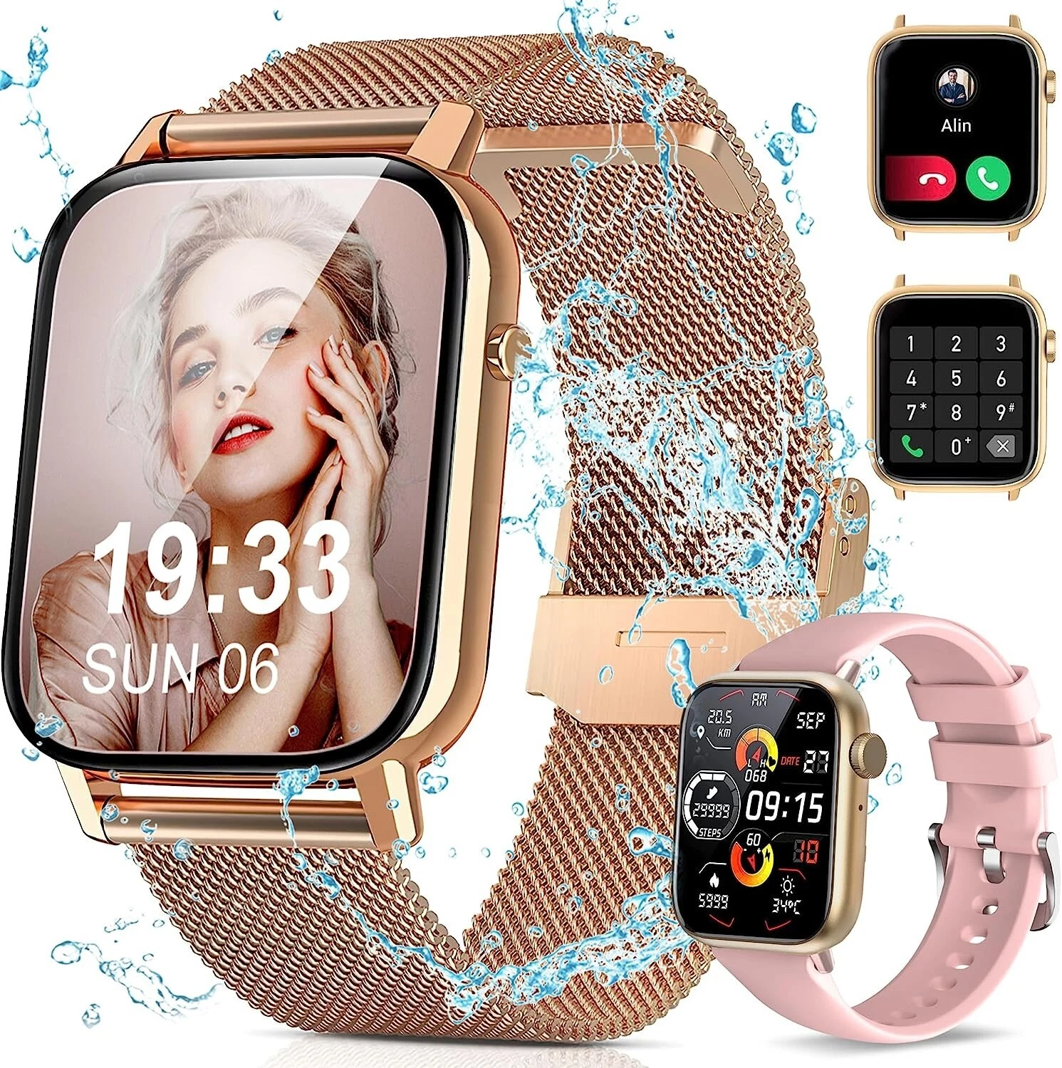 Smart Watch Women Men for Android iOS Fitness Watch Heart Rate Monitor Pedometer Gold