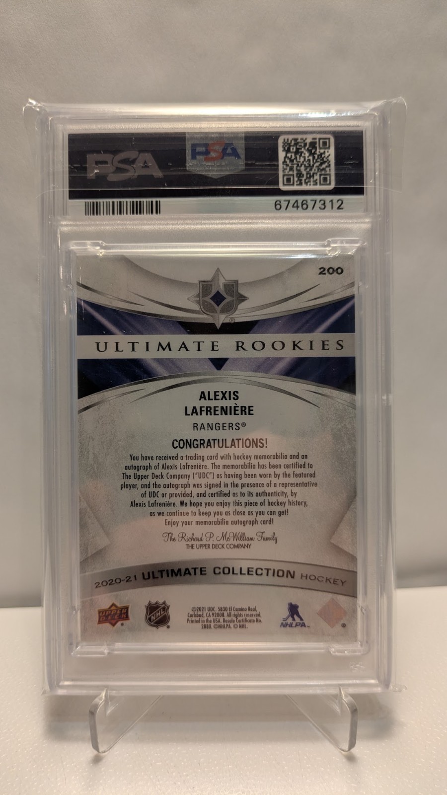 2020-21 UD Ultimate Collection Rookies Auto Patch Alexis Lafreniere /49 PSA 8 view 3