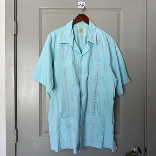 Dos Carolinas Mens Guayabera Shirt 2XL Aqua Blue Short Sleeve Button-Up