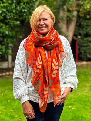SHE LOVES GIFTS Ladies Multi Coloured Leaf Stems Print BURNT ORANGE Fashion Scarf