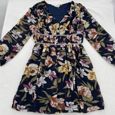 Entro Womens Boho Navy Floral Chiffon V-Neck Empire Waist Mini Dress Size Small