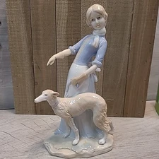 KPM Porcelain Woman  Walking Whippet Greyhound Dog Japan Decor 9" Vintage 