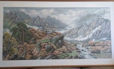 56 x 31 Framed Chinese Watercolor Print Signed Mountains Landscape