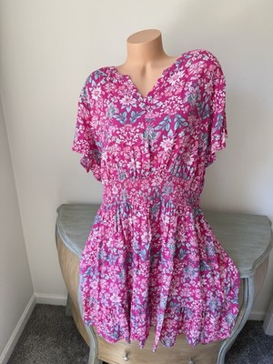 Croft&Barrow 2X Pink Floral Rayon Dress Smocked Waist Boho Tropical Lightweight