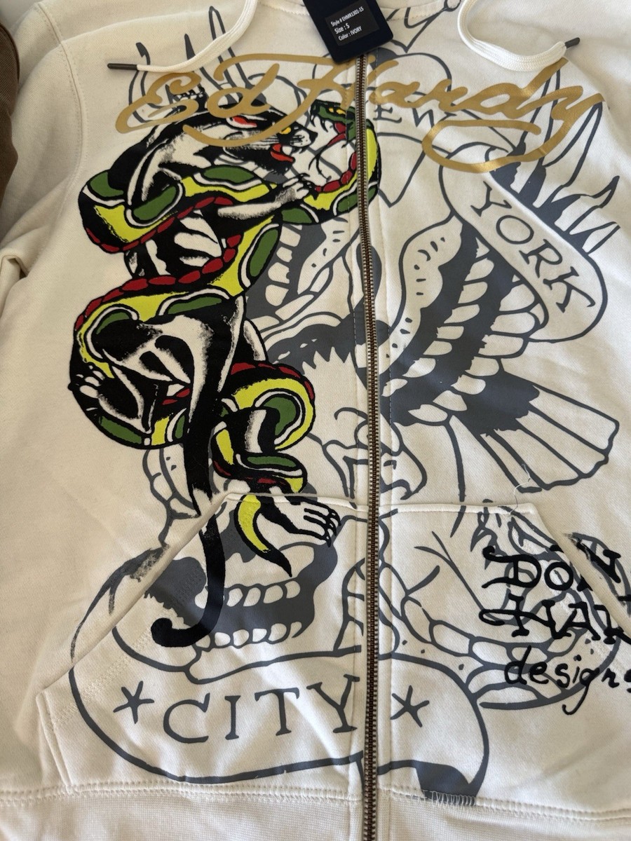 na.e Hoodie Half Coat フーディハーフコート　ホワイト Ed Hardy Snake Graphic Fleece Hoodie Ivory Full Zip Small EHMR1301
