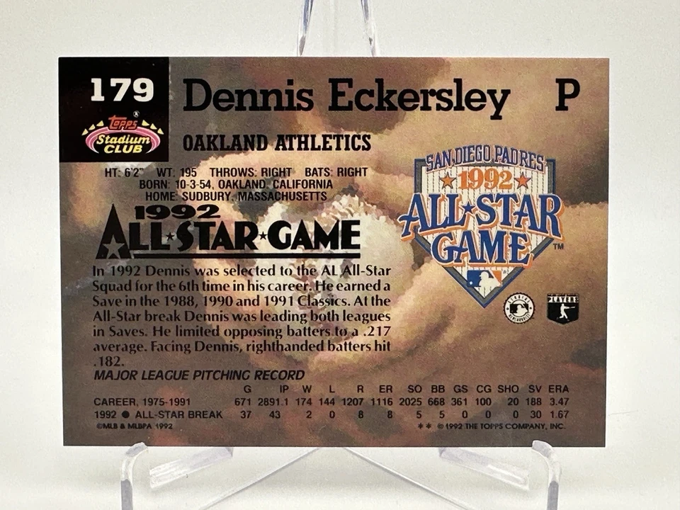 1993 Stadium Club Murphy Dennis Eckersley HOF #179 Oakland Athletics - Image 2 of 2
