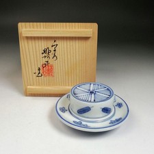 Contenitore di incenso a puleggia blu e bianco di Shoami Takano in scatola