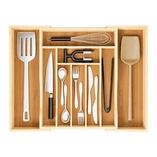 Expandable and Adjustable Bamboo Drawer Organizer Tray - Cutlery Drawer Organ...