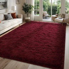 Fluffy Shaggy Area Rug 4x6 Burgundy Red Soft Velvet Non-Slip Washable Carpet