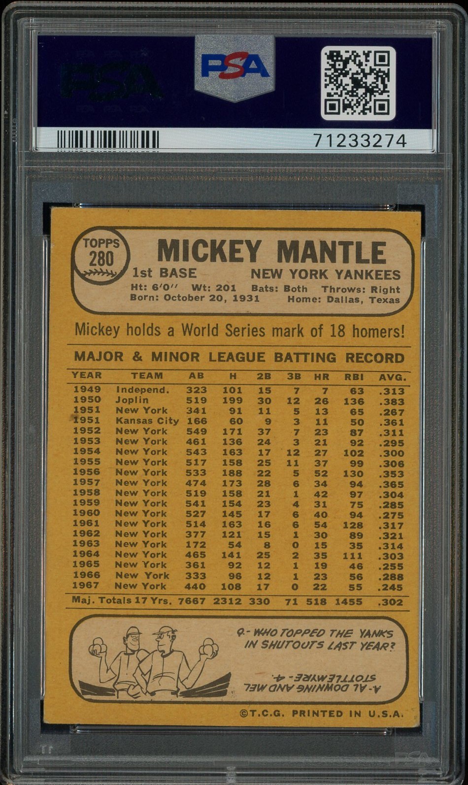 Mickey Mantle HOF Signed 1968 Topps #280 New York Yankees PSA/DNA 10 AUTO view 2