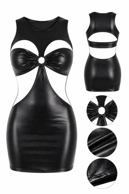 Minikleid Schwarzes Dessous Gogo Wetlook Minikleid mit Cutouts und Ringen