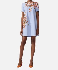 Carolina Herrera Women's Blue Floral Appliqué Short Sleeve Shift Dress Size 4