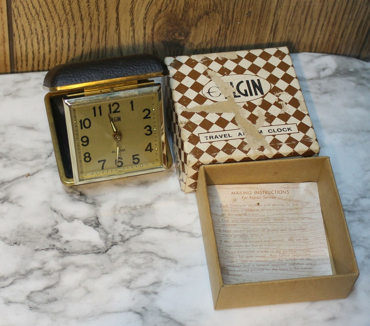 Vintage Elgin Wind Up Travel Alarm Clock with Box & Instructions