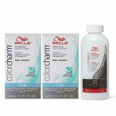 WELLA Color Charm T18  Lightest Ash Blnd Toner 2 pcs with 20 Vol. Dev 3.6oz