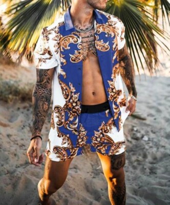 Button Down Shirt Men Baroque Vintage Blue White Beach Party Suit Tee Shorts SET