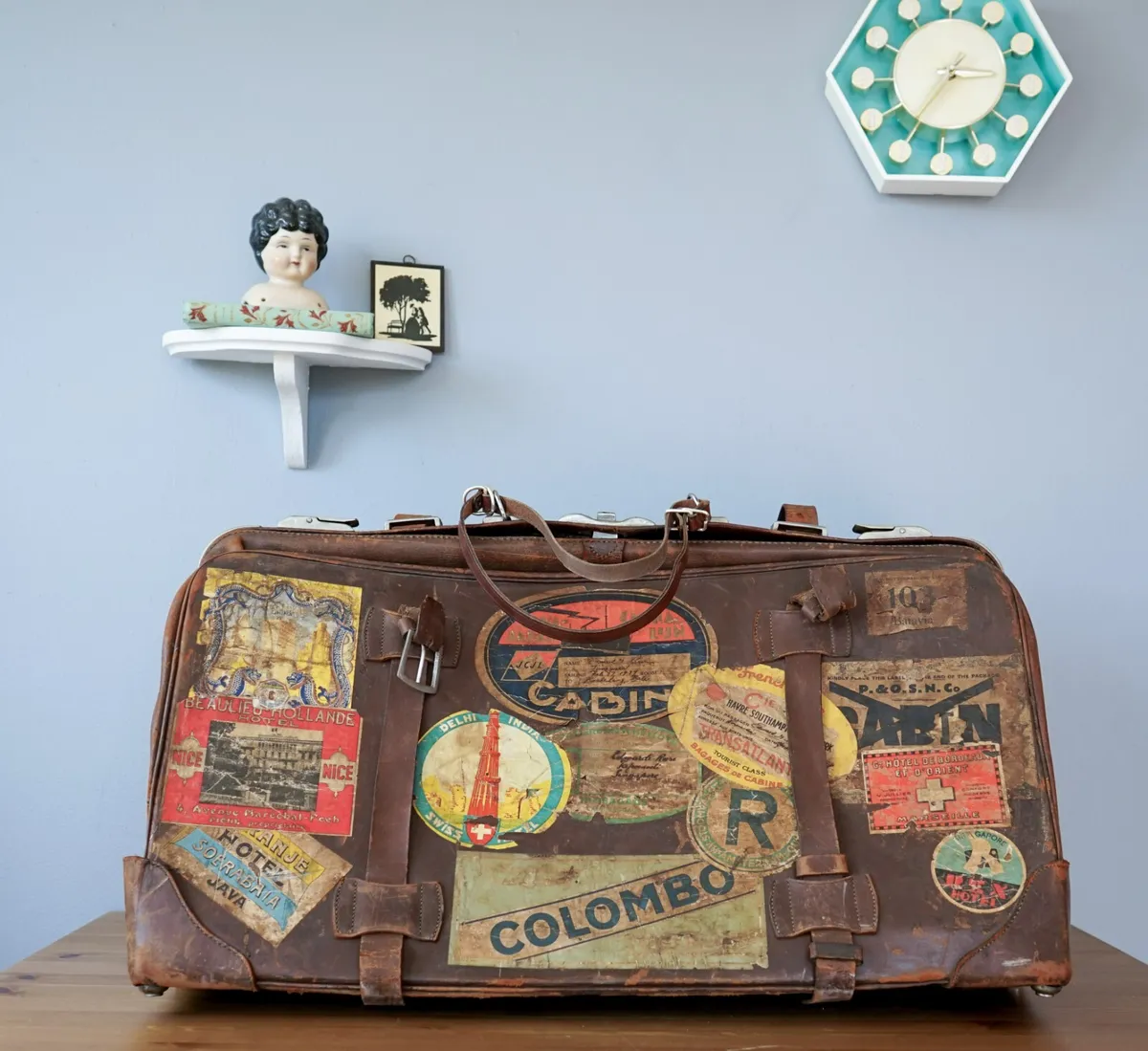 Vintage 1940's leather suitcase luggage Euro+Asian stickers decals