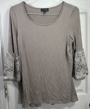 I.N. Studio Blouse Size M Cottagecore Embroidered Pom Poms Flowy Bell Sleeve