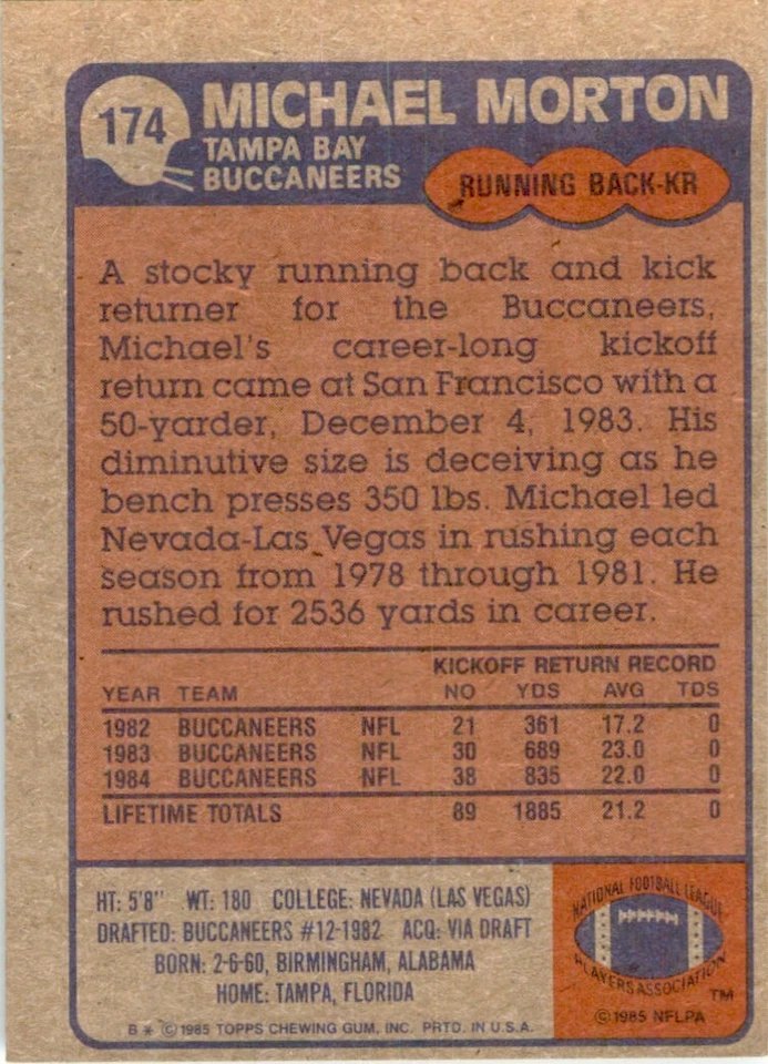 1985 TOPPS MICHAEL MORTON; TAMPA BAY BUCCANEERS #174 - Image 2 of 2