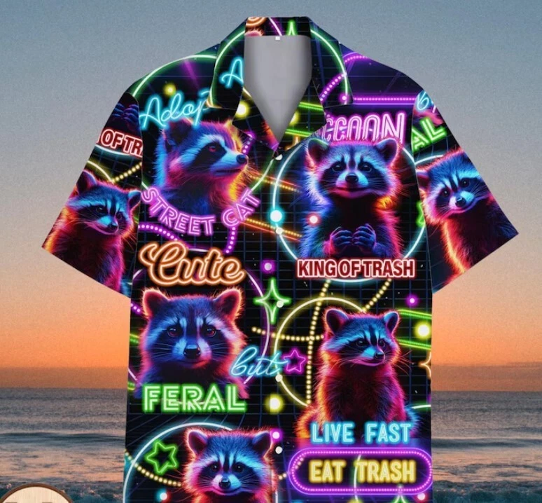 Neon Raccoon Hawaiian Shirt for Men Women, Men Raccoon Shirt, Cute Raccoon