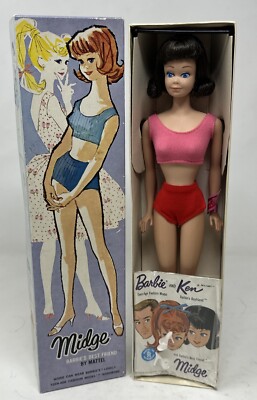 VTG Midge Doll (860) Brunette Freckle Face straight leg 1962 NRFB Wrist tag Mint