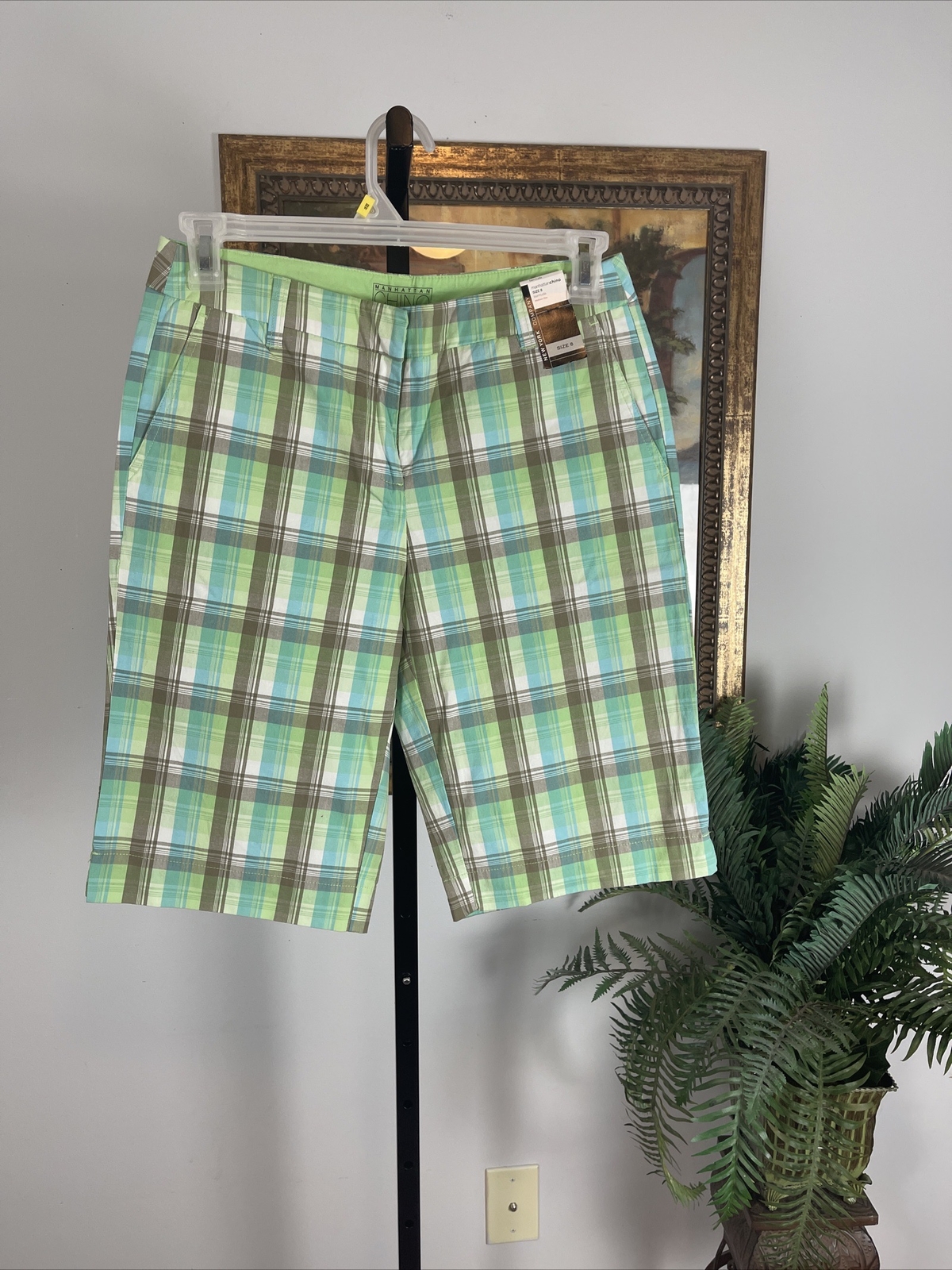 Manhattan Chino New York & Company Plaid Shorts 8 Women Bermuda Midtown Rise