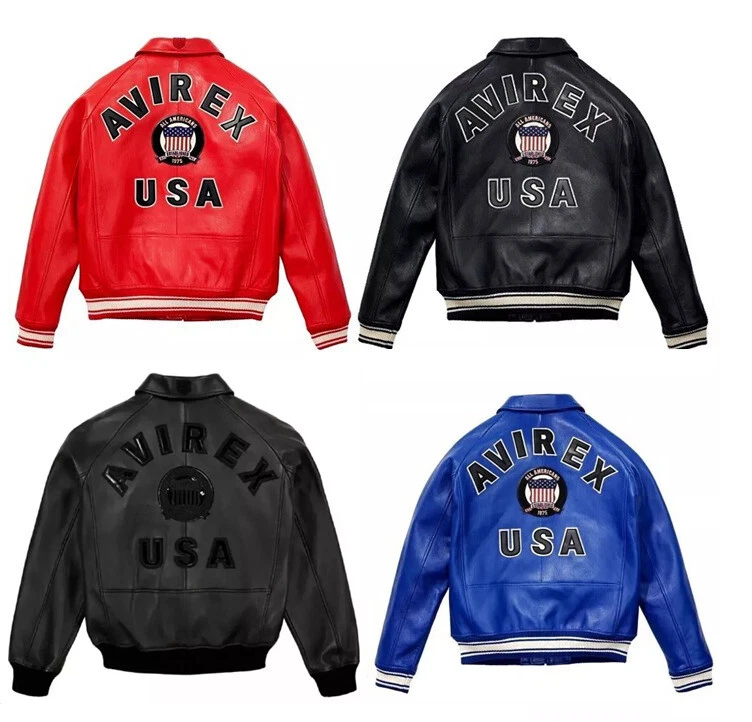 Avirex Men's Real Leather Jacket Sheepskin Flight Bomber American Varsity Jacket