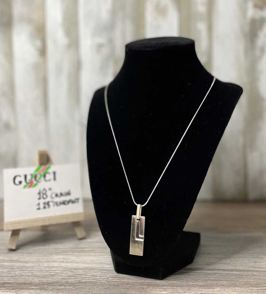 Gargantilla de cuero vintage Gucci G placa en relieve plata 925 colgante cadena collar Foto 2 de 4