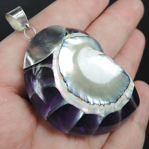 925 Sterling Silver Large Size Purple Nautilus Shell Pendant Jewelry, NSP-427 - Picture 2 of 7