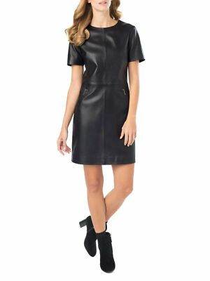 Women's Black Leather Dress Bodycon Clubwear Cocktail Pure Lambskin Dress - 018