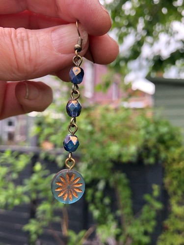 Long Blue Beaded Earrings. Glass Bead Drop Earrings. Sparkly Bohemian - Picture 2 of 16