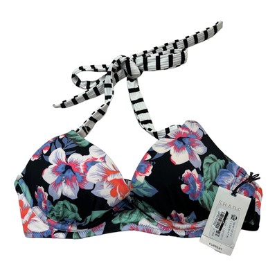 Shade & Shore Bikini Top Womens 32B Tropical Floral Striped Halter Tie Resort