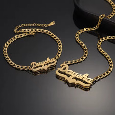 Custom Name Jewelry Set Bracelet Necklace Heart Gold Silver Jewelry Cuban Chain
