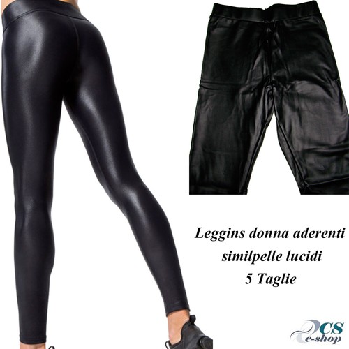 Leggings fuseaux Donna Nero aderenti similpelle invernali lucidi S M L XL  XXL | eBay