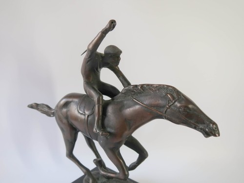 Vintage Handmade Metal Art Bronze or Brass Galloping Racehorse Jockey Sculpture - Picture 2 of 14