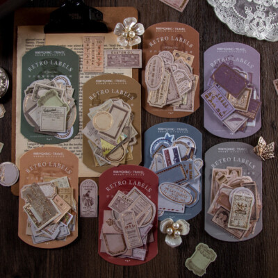 30 Retro Label Sticker aus strukturiertem Papier, mit Goldfolie   Scrapbooking
