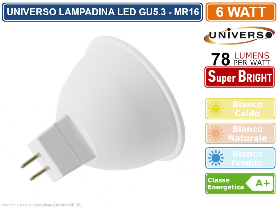 20 PEZZI UNIVERSO LAMPADINA SMD LED GU5.3 MR16 6W FARETTO SPOTLIGHT 470 LM 12V - Immagine 2 di 3