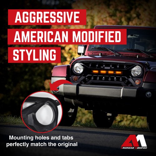 AMERICAN MODIFIED Armor Grille 07-18 Jeep Wrangler JK w/ Amber LED, Glossy Black - Picture 5 of 8