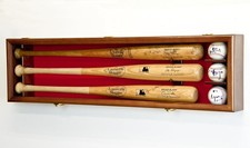 3 Baseball Bat Display Case Walnut & Red Wall Horizontal Wood Frame Cabinet Rack