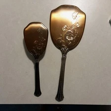 Vintage Vanity Mirror & Hair Brush Set  Floral Gold Tone Removable  Bristles