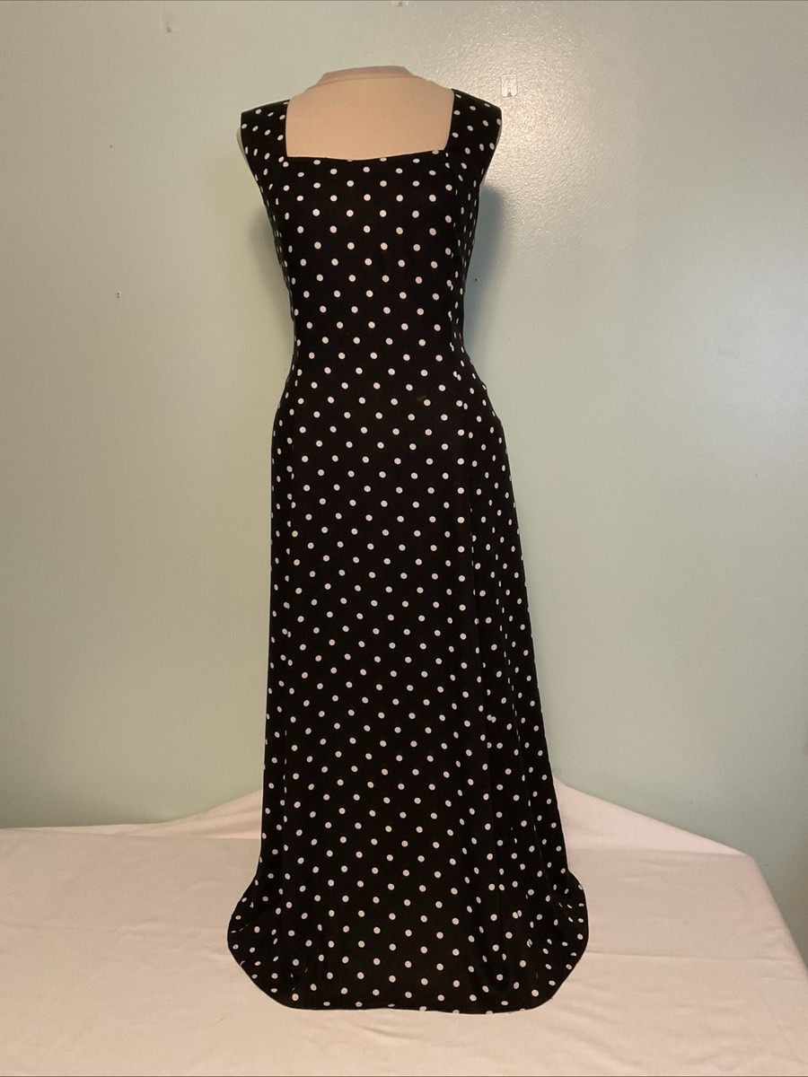 Vintage 90s Fashion Bug Dress Long Rayon Black Polka Dots Womens L 14 Sleeveless Vintage 90s Fashion Bug Dress Long Rayon Black Polka Dots Womens L 14 Sleeveless