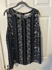 Loft Floral  Mixed Media Floral Shell Top Navy, Size 18