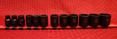 MATCO TOOLS ADV 12 PC    DRIVE SAE 6PT IMPACT SOCKET SET ON RAIL 5/16  TO 1 
