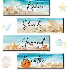 4 Pieces Ocean Beach Bathroom Wall Decors Wood Relax Soak Unwind Breathe Art Sig