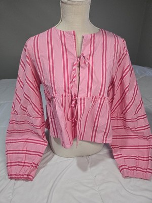 Y2K Plepum L Bow Tie Front Striped PinK Shirt Crop Top Brunch Babe Cotton Fairy 