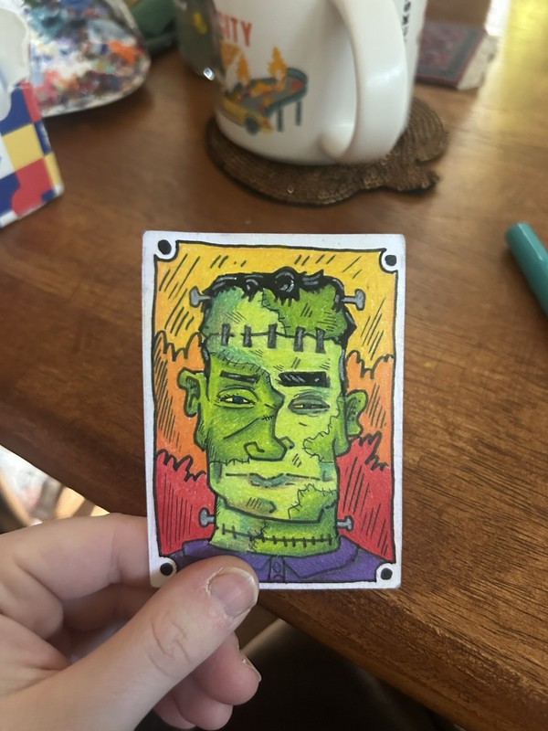 Aceo Art Card Signed Original Mixed Media Illustration 2.5x3.5 Frankenstein